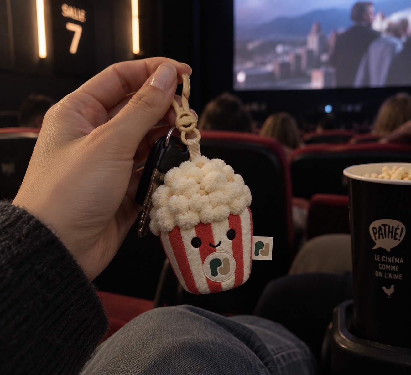 Popcorn plush keychain held at a screening event