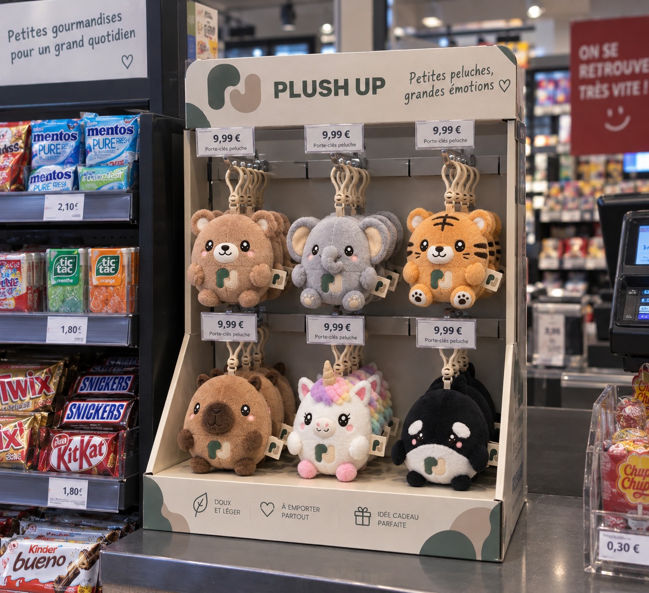 Plush keychains displayed at a shop checkout counter