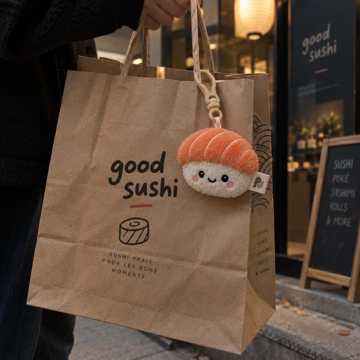 Sushi plush keychain attached to a kraft gift bag
