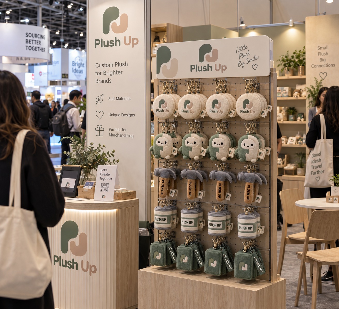 Plush keychains displayed at a trade show stand